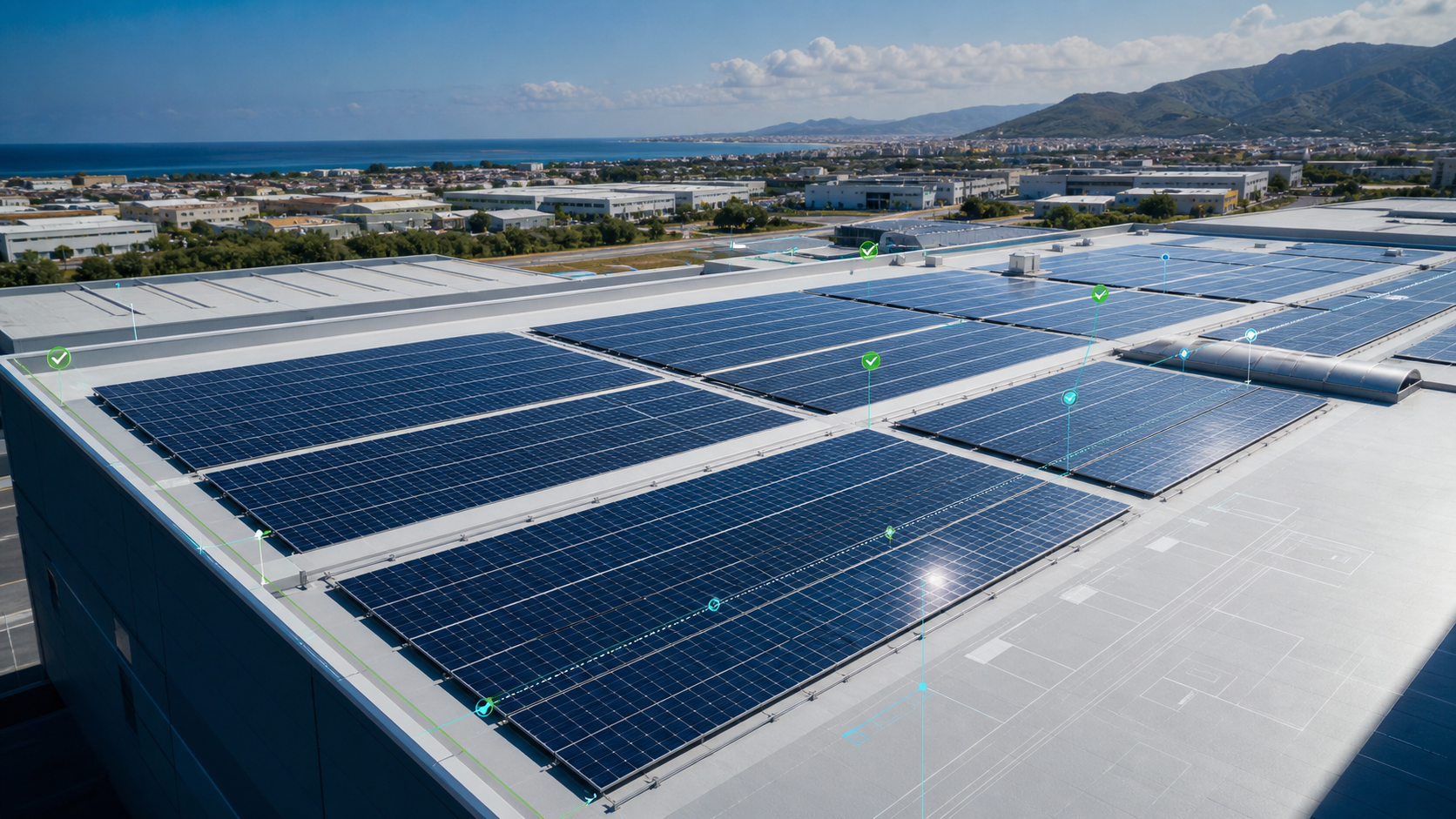 Cubierta industrial con paneles fotovoltaicos y capa de seguimiento técnico